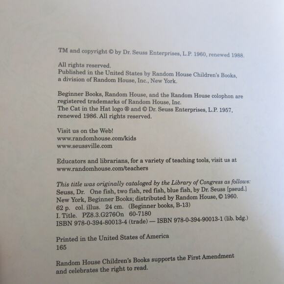 DR SEUSS One Fish Two Fish Red Fish Blue Fish Book Beginning Books 1960/1988 - Picture 5 of 8